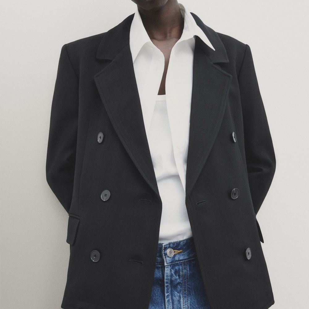 Massimo Dutti Women Black Wool Blend Double-Breasted Blazer - Size 2 - NWT